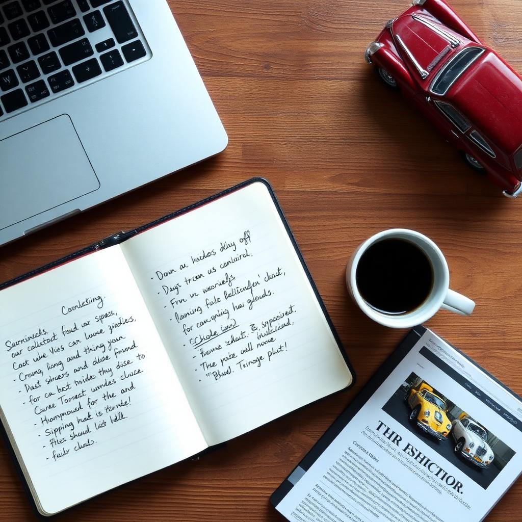 Open notebook with handwritten car shipping notes, laptop, vintage model car and coffee on a wooden desk — editorial flat-lay