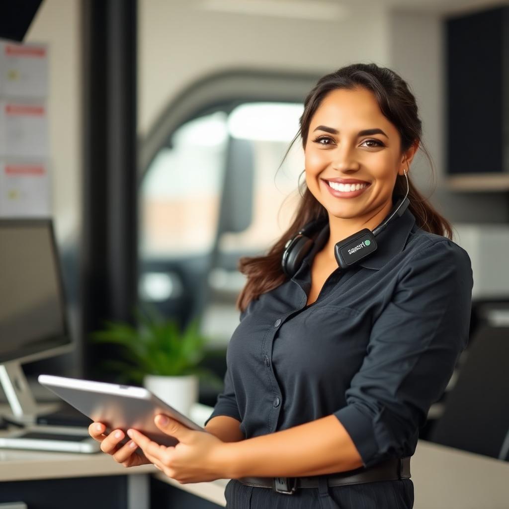 Friendly auto transport dispatcher holding a tablet with a headset around her neck in a modern Austin office