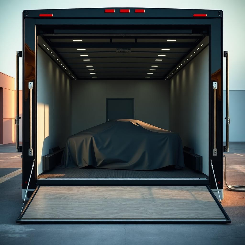 Black enclosed auto transport trailer with hydraulic lift gate and a covered vehicle inside on a concrete loading bay
