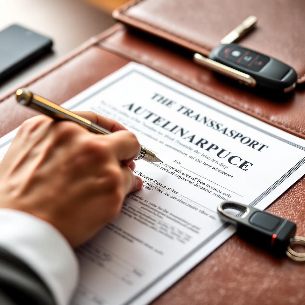 Hand signing an auto transport insurance policy with a fountain pen on a leather desk pad