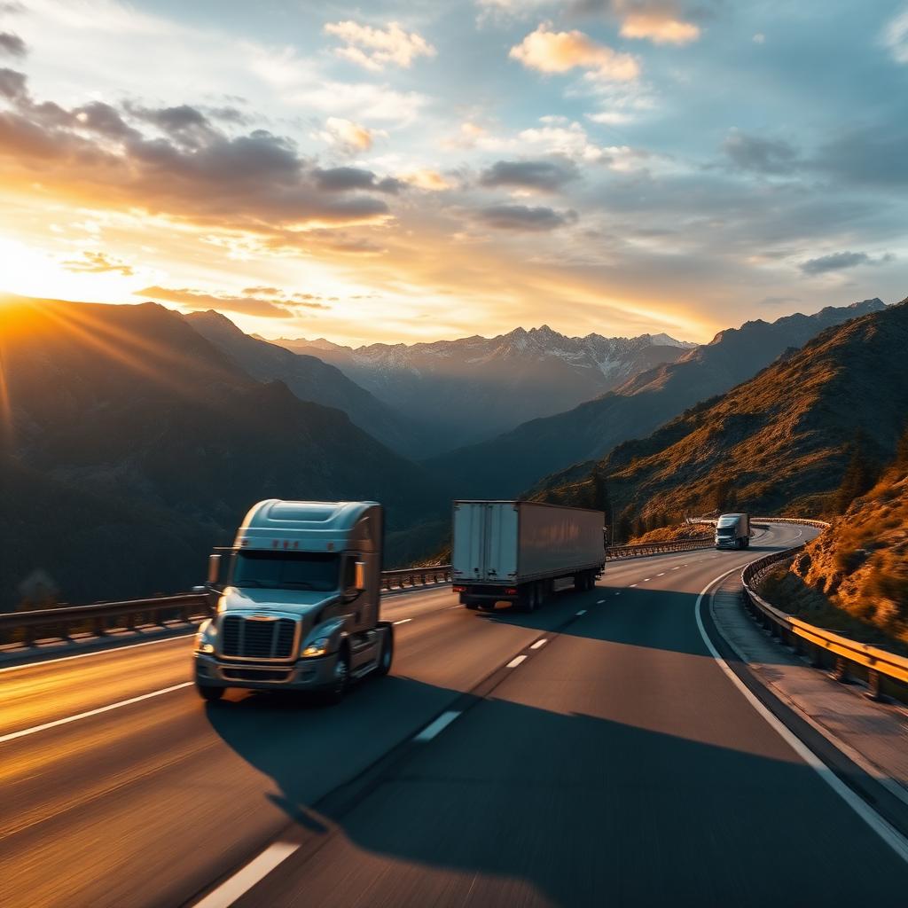 Car carrier truck climbing a winding mountain interstate at golden hour