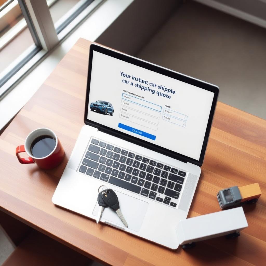 Instant car shipping quote form open on a silver laptop on a wooden desk with car keys and coffee