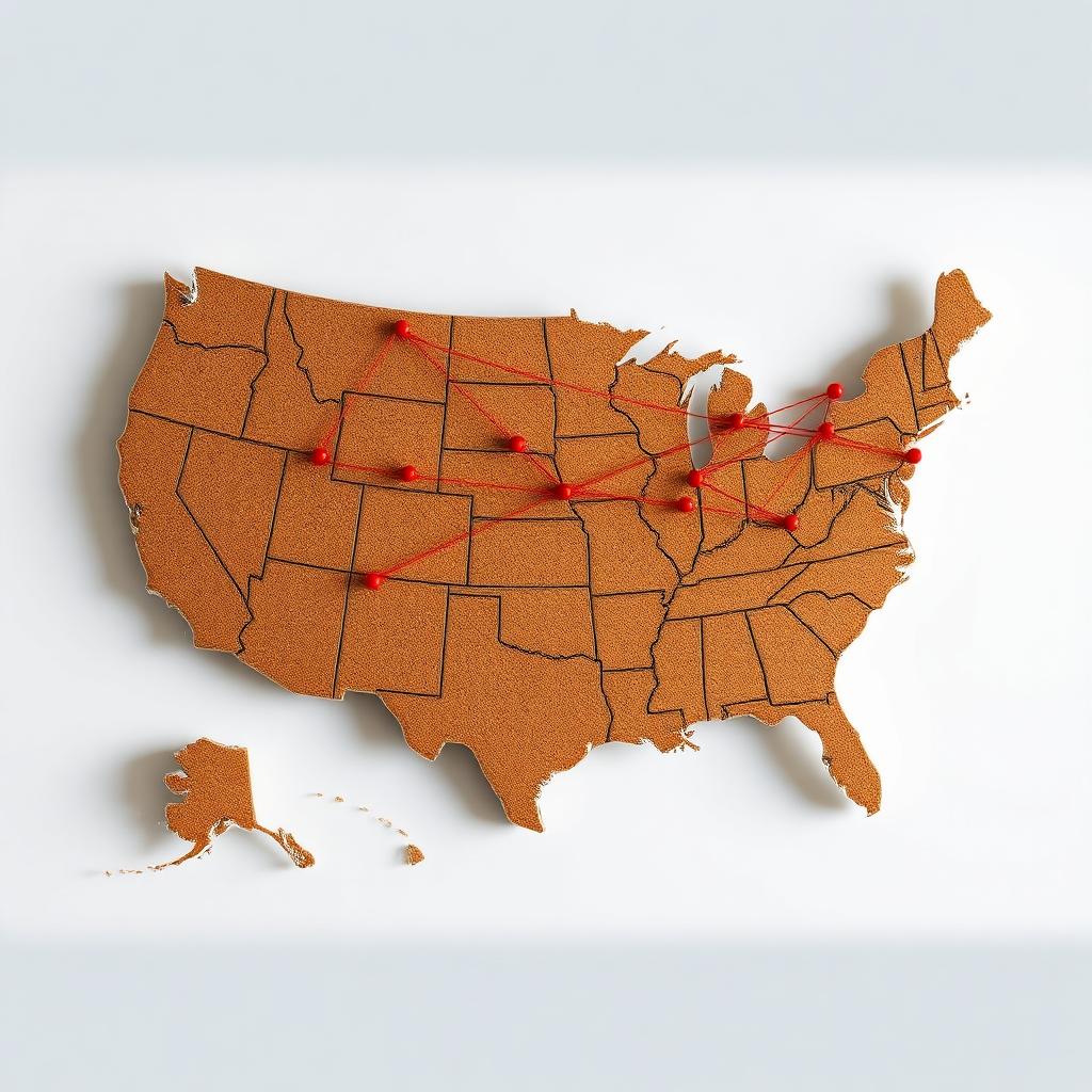 Cork-board US map with pinned auto transport routes connecting major cities with red and amber string
