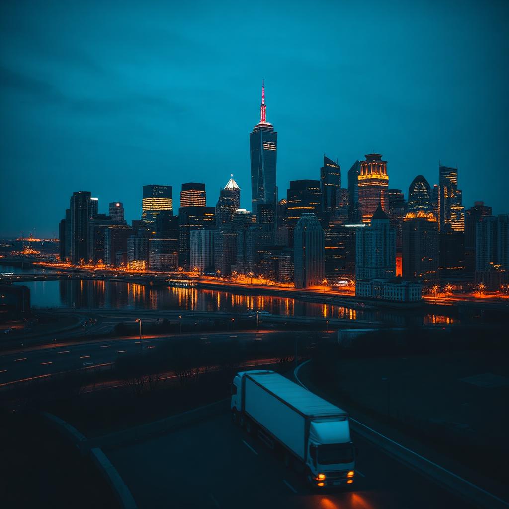 American downtown city skyline at twilight with illuminated skyscrapers and a car carrier truck on a foreground highway