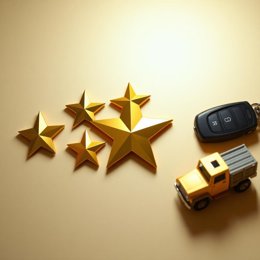 Five metallic gold stars on a warm beige background with car key and a toy carrier truck — five-star review concept