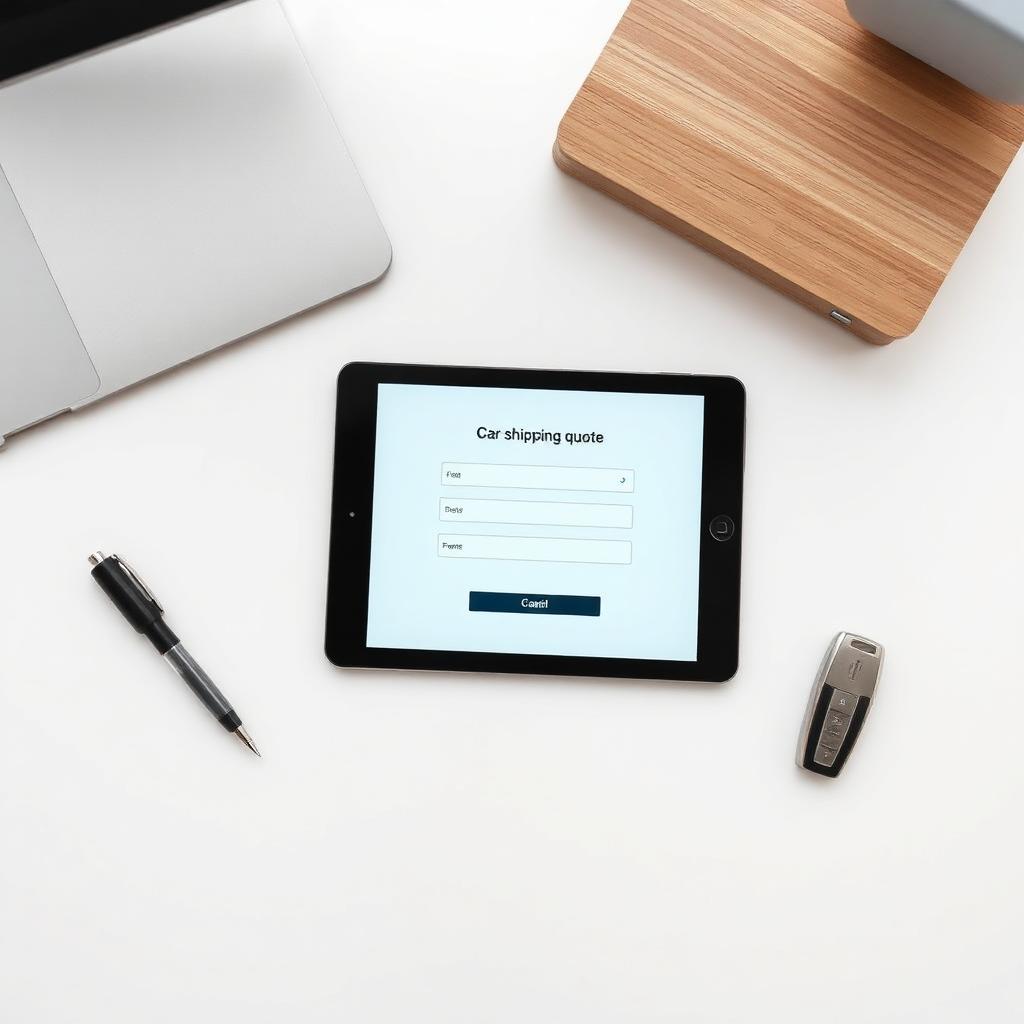 Tablet showing a car shipping quote form on a clean white desk with a pen and brushed-metal car keys