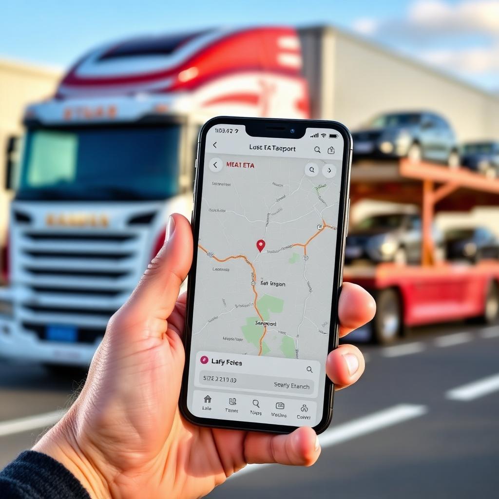 Hand holding a smartphone showing a car shipment tracking app in front of a car carrier truck