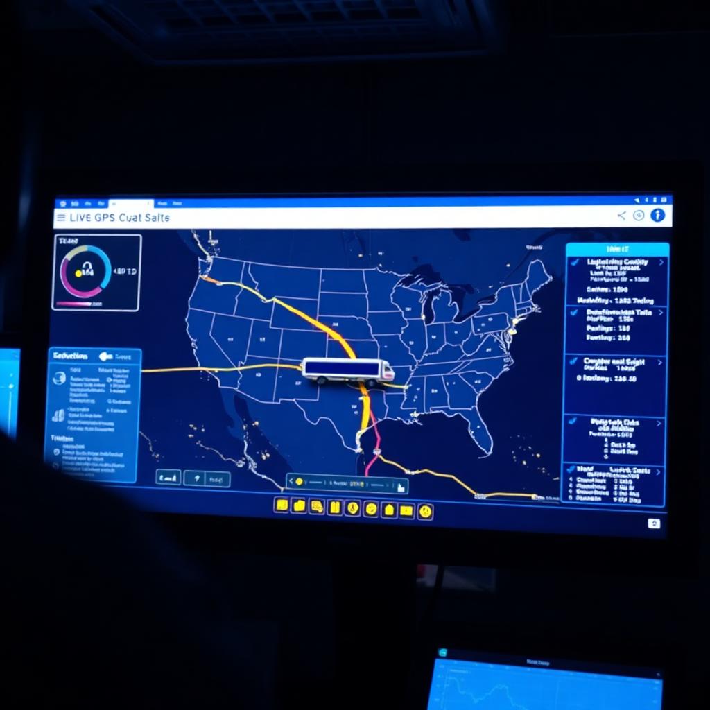 Dispatcher monitor showing a live GPS map of the United States tracking a car carrier truck