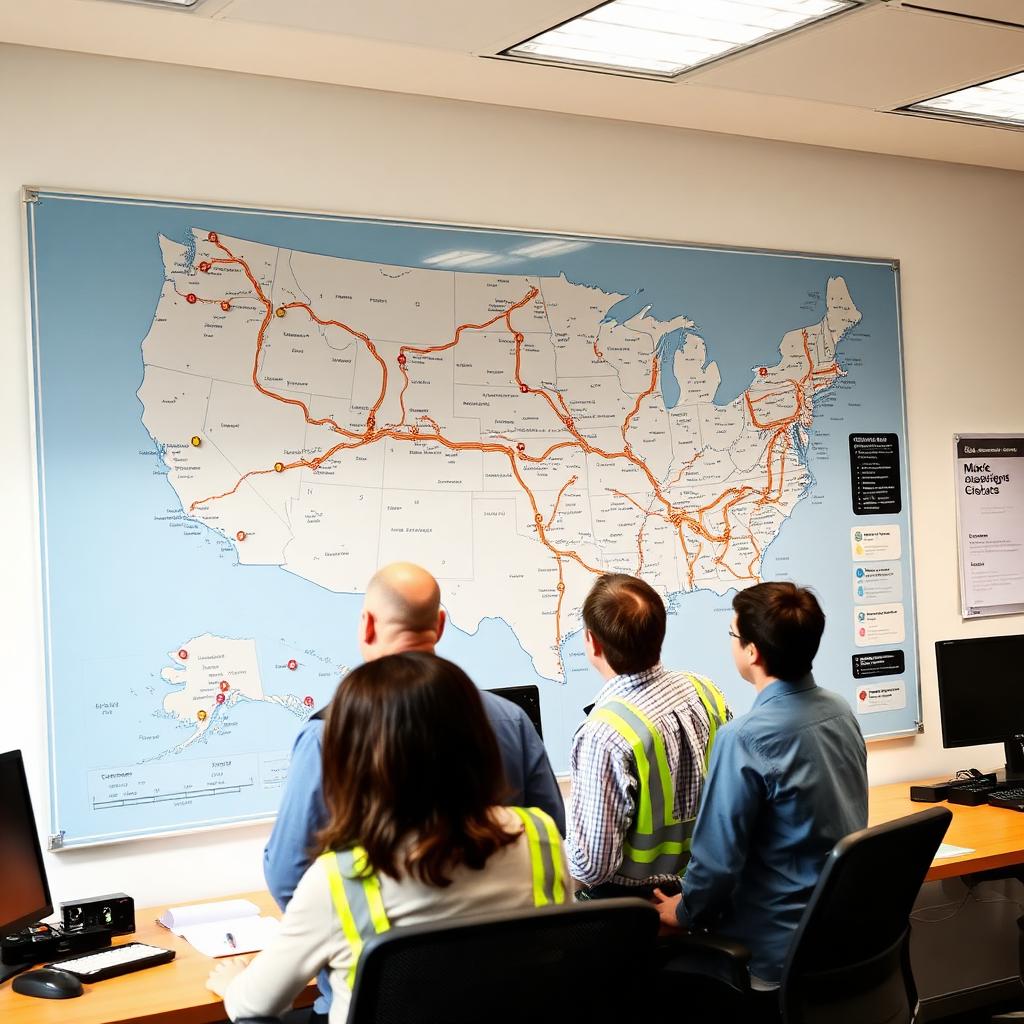 Dispatchers consulting a large wall-mounted US map with pinned carrier routes